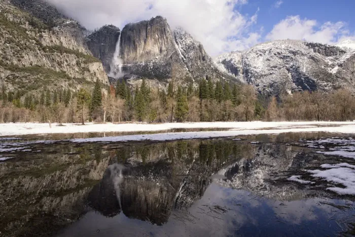 Framed Print : Upper Yosemite Falls with water reflection seen from Cooks Meadow. Yosemite National Park Framed Print : Upper Yosemite Falls with water reflection seen from Cooks Meadow. Yosemite National Park