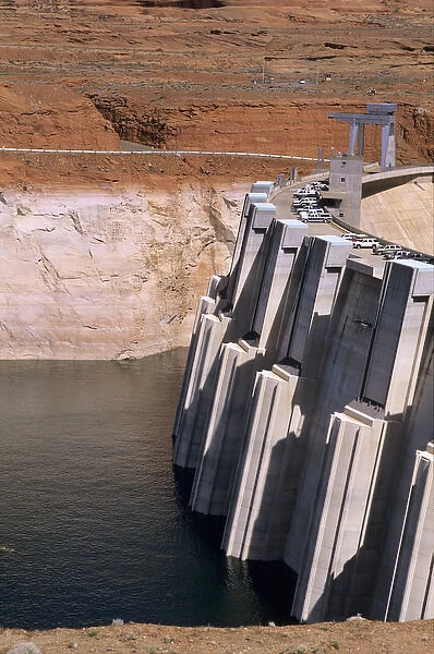 Upstream face of Glen Canyon Dam with water level of Lake Powell 145 feet below its