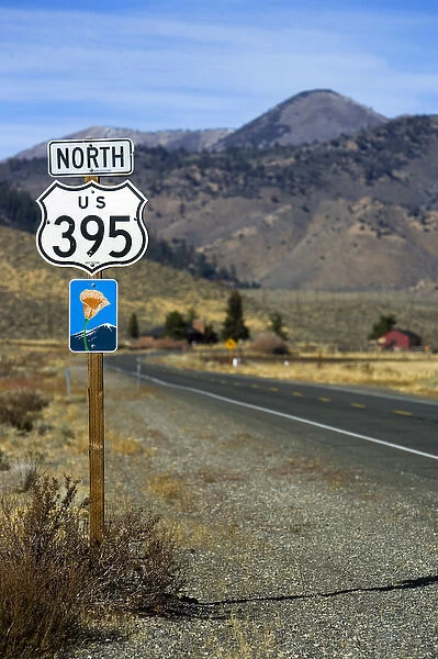An upward view of a Highway 395 North sign post including a California Scenic Highway