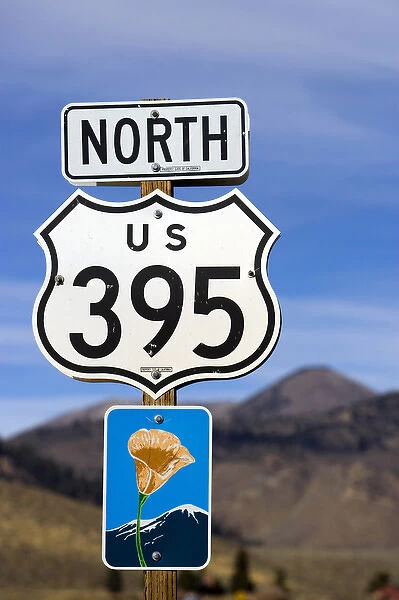 An upward view of a Highway 395 North sign post including a California Scenic Highway