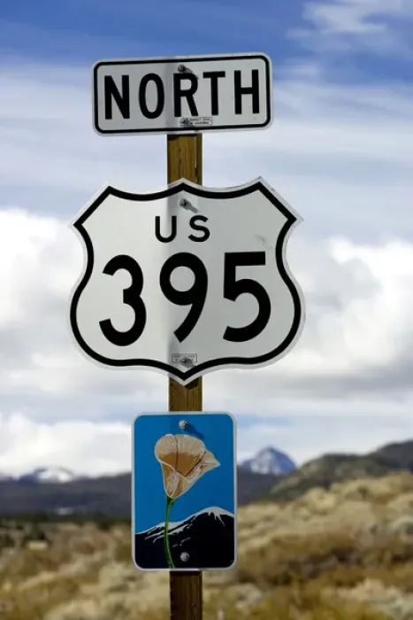 Framed Print : An upward view of a Highway 395 North sign post including a California Scenic Highway Framed Print : An upward view of a Highway 395 North sign post including a California Scenic Highway