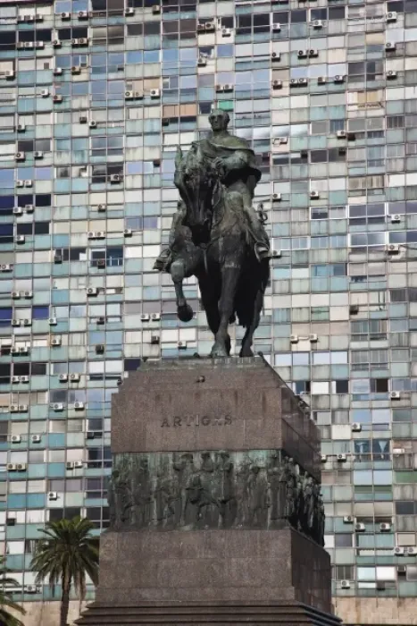 Framed Print : Uruguay, Montevideo Department, Montevideo. General Artigas statue and Edificio de Framed Print : Uruguay, Montevideo Department, Montevideo. General Artigas statue and Edificio de