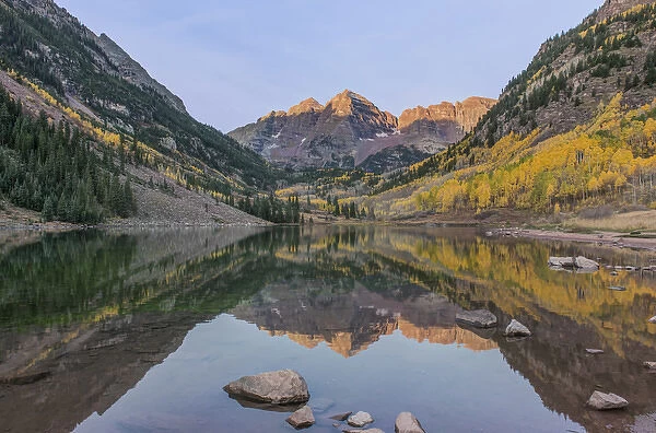 US, CO, White River NF, Maroon Bells with Autumn Color at First Light