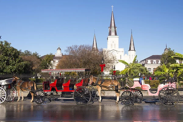 US, LA, New Orleans. Jackson Square carriage rides line up in morning