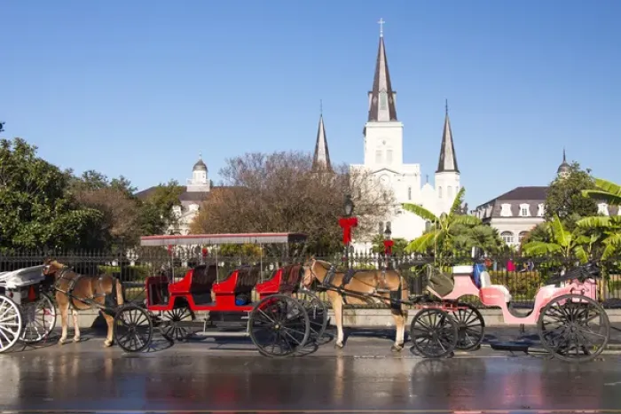Framed Print : US, LA, New Orleans. Jackson Square carriage rides line up in morning