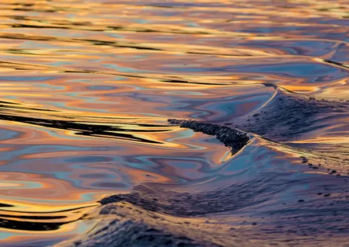 Framed Print : US, WA. Patterns of reflected sunset in boat wake Puget Sound