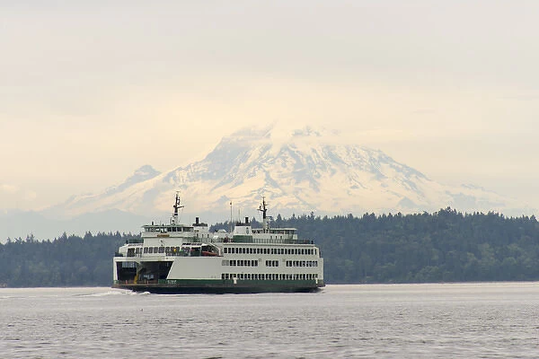 US, WA, Puget Sound. Seattle  /  Bremerton ferry with Mt Rainier