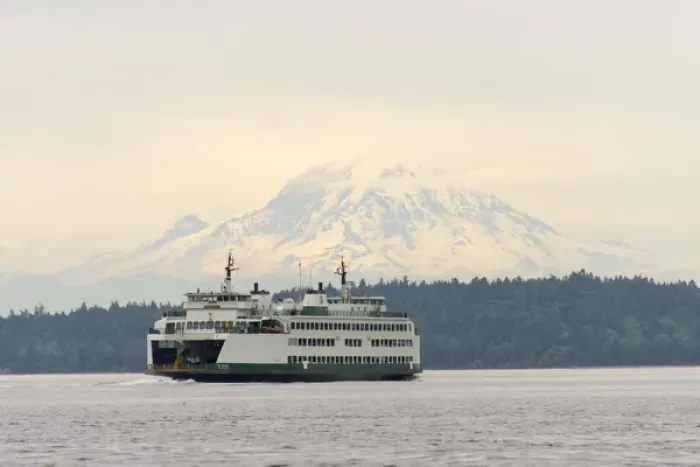 Framed Print : US, WA, Puget Sound. Seattle  /  Bremerton ferry with Mt Rainier