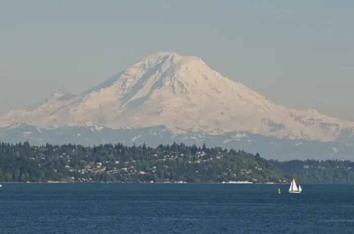 Framed Print : US, WA, Seattle. Volcanic Mt Rainier in Cascades viewed from waters of Puget Sound Framed Print : US, WA, Seattle. Volcanic Mt Rainier in Cascades viewed from waters of Puget Sound