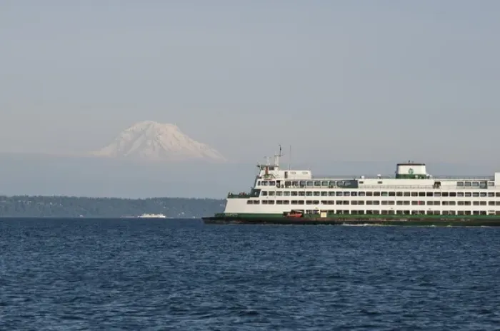 Framed Print : US, WA, Seattle. Volcanic Mt Rainier in Cascades viewed from waters of Puget Sound