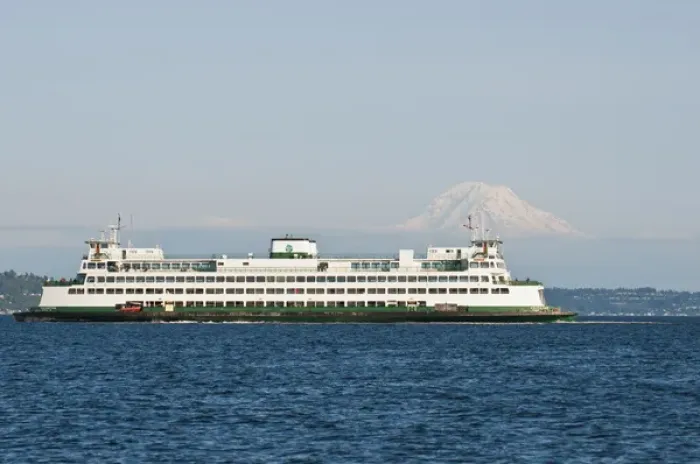 Framed Print : US, WA, Seattle. Volcanic Mt Rainier in Cascades viewed from waters of Puget Sound Framed Print : US, WA, Seattle. Volcanic Mt Rainier in Cascades viewed from waters of Puget Sound