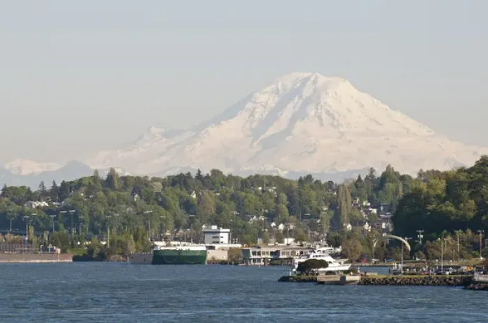 Framed Print : US, WA, West Seattle. Water taxi approaches Seacrest Dock. Mount Rainier looms to south Framed Print : US, WA, West Seattle. Water taxi approaches Seacrest Dock. Mount Rainier looms to south