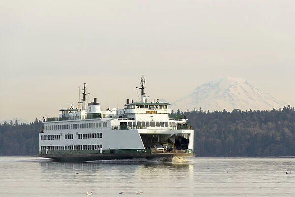 US, WA WSF Seattle  /  Bremerton ferry passes in front of Mt Rainier