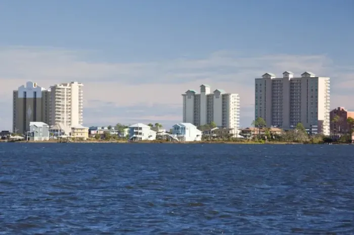 Framed Print : USA, Alabama, Gulf Shores. Mobile Bay area, beach high rise buildings