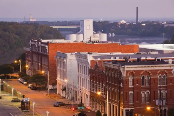 Framed Print : USA, Alabama, Montgomery. High angle view of buildings on Commerce Street, dawn Framed Print : USA, Alabama, Montgomery. High angle view of buildings on Commerce Street, dawn