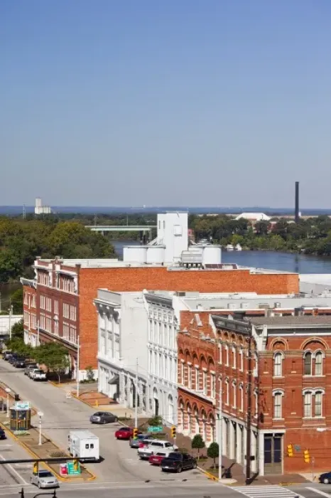Framed Print : USA, Alabama, Montgomery. High angle view of buildings on Commerce Street