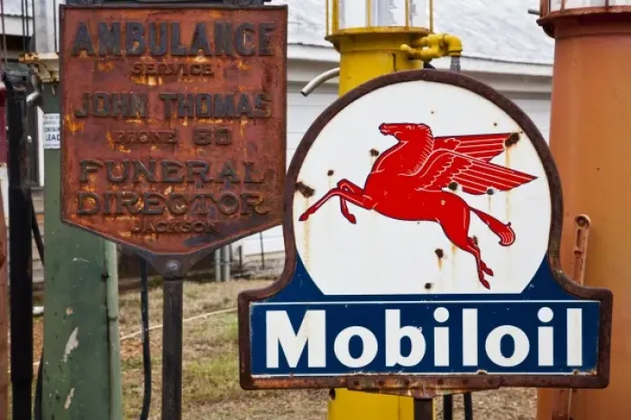 Framed Print : USA, Alabama, Mooresville. Old gasoline station signs