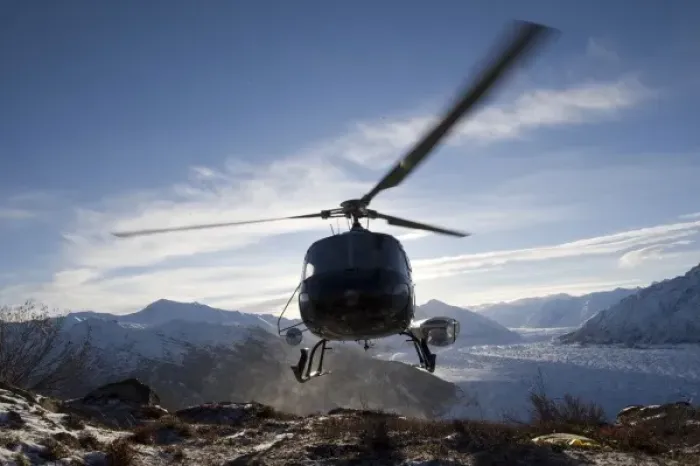 Framed Print : USA, Alaksa, Helicopter landing on summit of Lions Head peak above Matanuska Glacier