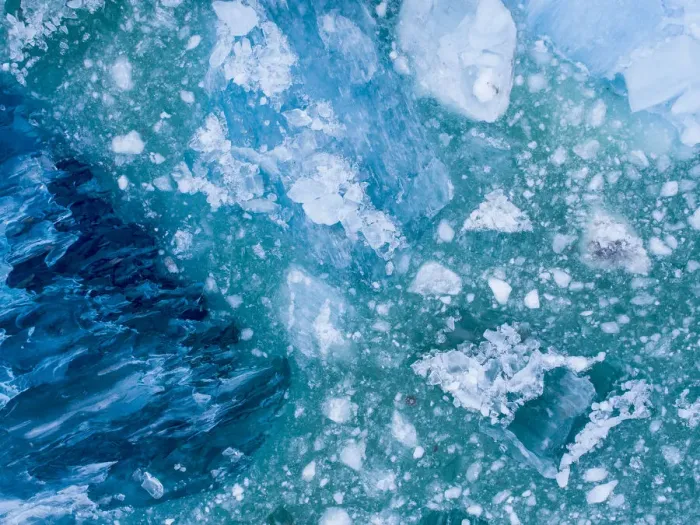 Framed Print : USA, Alaska, Aerial view of shattered icebergs floating near calving face of LeConte