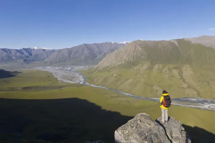 Framed Print : USA, Alaska, Arctic National Wildlife Refuge. Hiker pausing to admire hill scenery