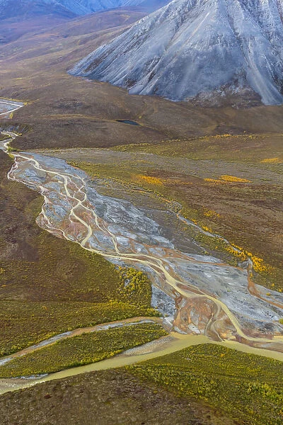 USA, Alaska, Brooks Range, Arctic National Wildlife Refuge. Aerial with mountains and Ivishak River