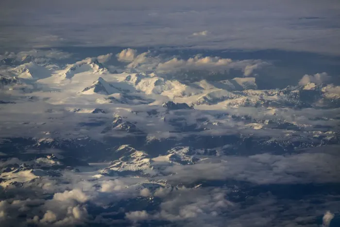Framed Print : USA, Alaska, Chugach Mountain Range. Aerial view of glacier and snow-covered mountains