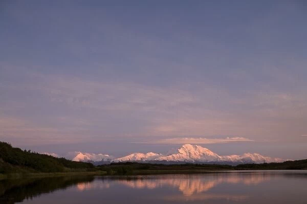 USA, Alaska, Denali National Park, Mount McKinley and Reflection Pond at sunset