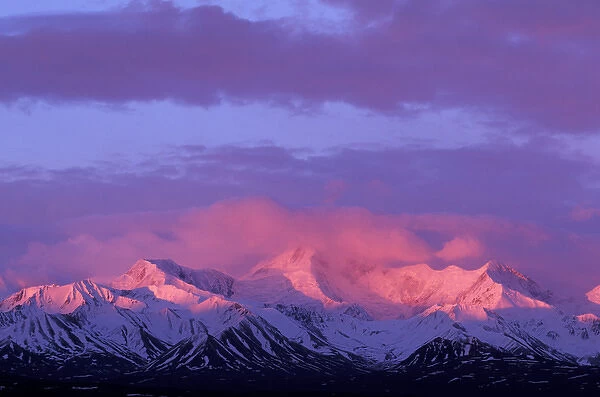 USA, Alaska, Denali NP Bright red alpenglow on Alaska Range peaks at 3 a. m. sunrise