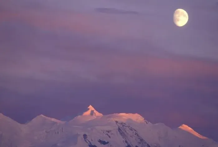 Framed Print : USA, Alaska, Denali NP. Moon over the alpenglow-lit summit of Mt Silverthrone in the Alaska Range