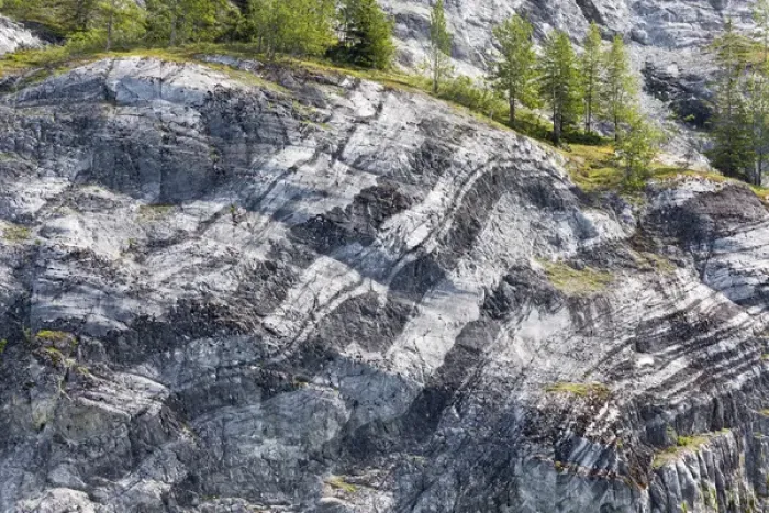 Framed Print : USA, Alaska, Glacier Bay National Park. Layers of striated rock on Gloomy Knob. Credit as