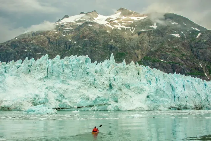 Framed Print : USA, Alaska, Glacier Bay National Park. Margerie Glacier ice and man in kayak Framed Print : USA, Alaska, Glacier Bay National Park. Margerie Glacier ice and man in kayak