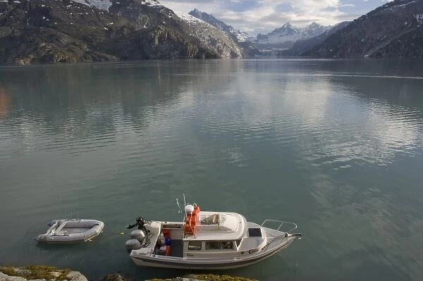 USA, Alaska, Glacier Bay National Park, C-Dory boat near entrance to Johns Hopkins Inlet