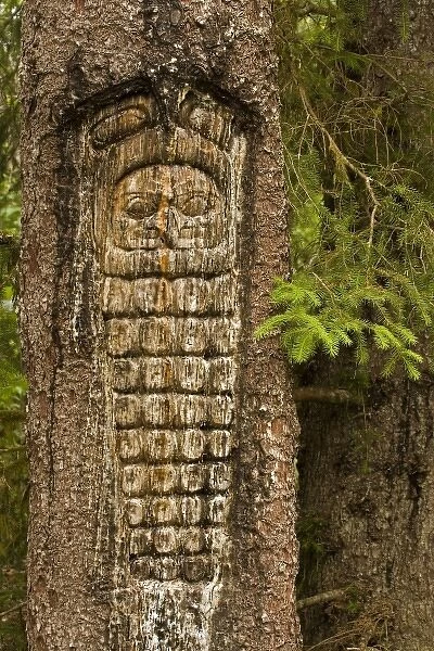 USA, Alaska, Glacier Bay National Park. Tree carving of totem near Gustavus
