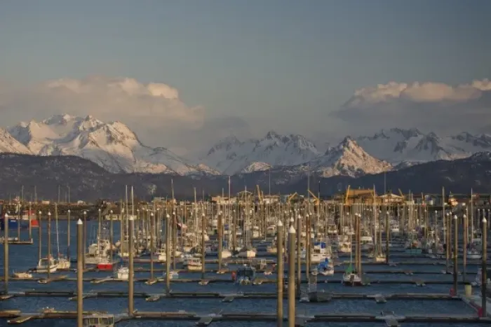Framed Print : USA, Alaska, Homer. Small boat marina with Kachemak Bay State Park across the bay Framed Print : USA, Alaska, Homer. Small boat marina with Kachemak Bay State Park across the bay