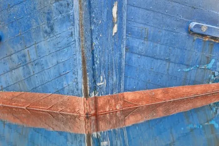 Framed Print : USA, Alaska, Hoonah. Abstract of fishing boat bow reflecting in water. Credit as