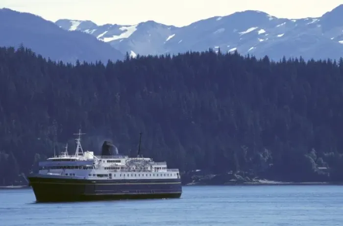 Framed Print : USA, Alaska, Inside Passage. Ferry Kennicott sailing into Auke Bay near Juneau Framed Print : USA, Alaska, Inside Passage. Ferry Kennicott sailing into Auke Bay near Juneau