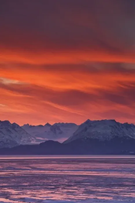 Framed Print : USA, Alaska, Kachemak Bay. Intense sunrise brightens the sky mountains Framed Print : USA, Alaska, Kachemak Bay. Intense sunrise brightens the sky mountains
