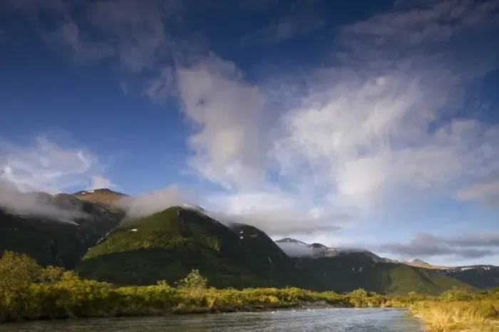 Framed Print : USA, Alaska, Katmai National Park, Kinak Bay, Setting sun lights mountain peaks