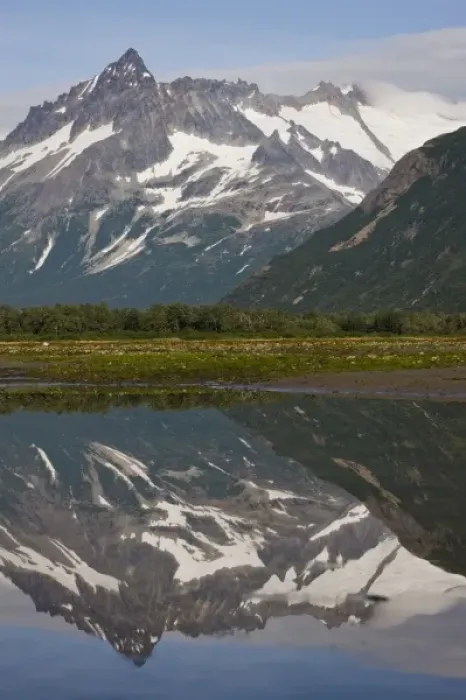 Framed Print : USA, Alaska, Katmai National Park, Kukak Bay, Mountain peaks reflected in still water