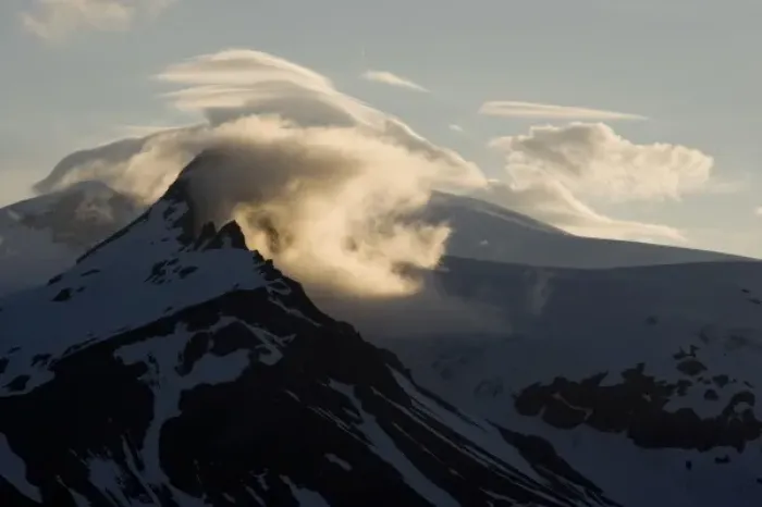 Framed Print : USA, Alaska, Katmai National Park, Windswept clouds above glacier-covered mountains