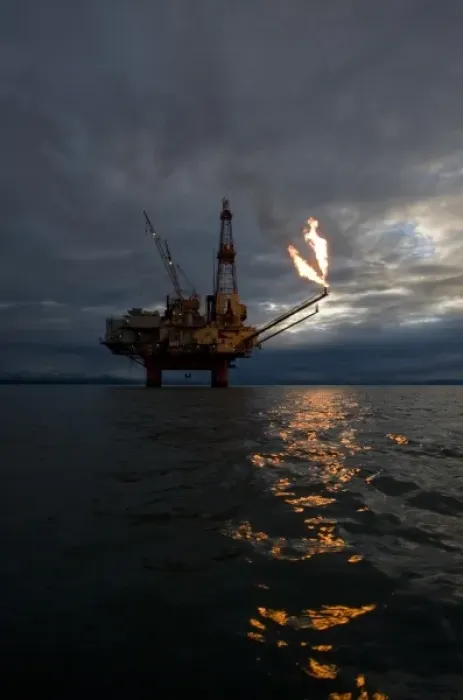 Framed Print : USA, Alaska, Kenai Peninsula, Natural gas flare from offshore oil drilling rigs in