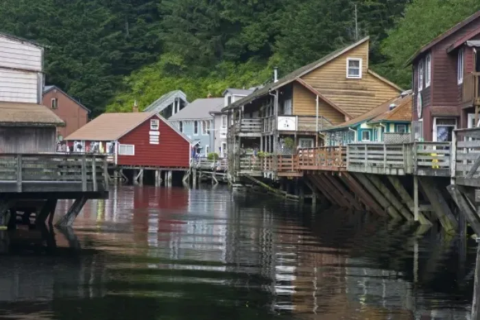 Framed Print : USA, Alaska, Ketchikan. Canal passageway called Creek Street lined with homes and shops
