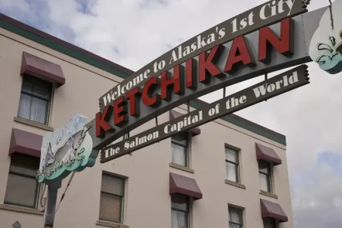 Framed Print : USA, Alaska, Ketchikan. Welcome sign for tourists