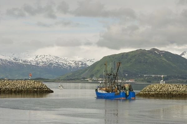 USA, Alaska, Kodiak, Fishing Boat Leaving St. Herman Harbor
