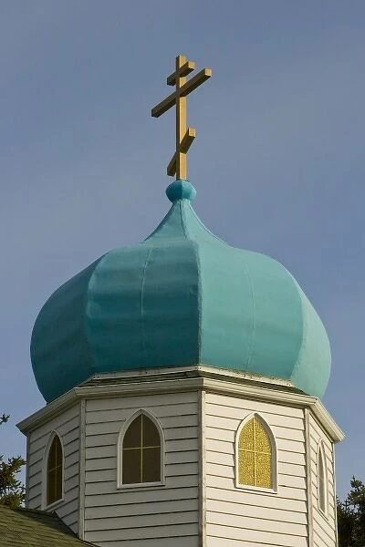 USA, Alaska, Kodiak, Russian Orthodox Cross on Onion-Shaped Dome, Holy Resurrection