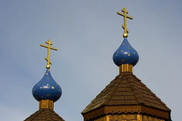 USA, Alaska, Kodiak, Russian Orthodox Cross on Onion-Shaped Domes, Saint Herman Orthodox