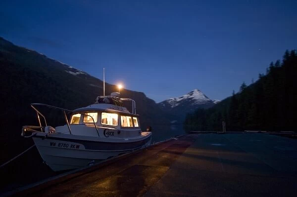 USA, Alaska, Misty Fjords National Monument, C-Dory moored along floating boat dock