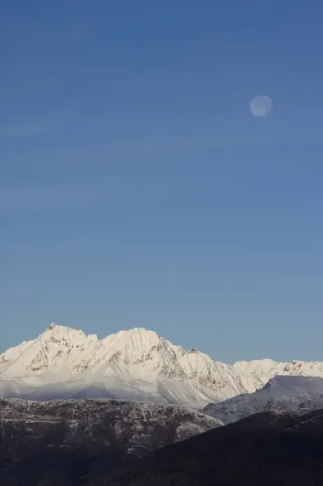 Framed Print : USA, Alaska, Full moon above Chugach Range mountain peaks in early winter
