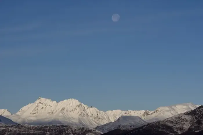 Framed Print : USA, Alaska, Full moon above Chugach Range mountain peaks in early winter Framed Print : USA, Alaska, Full moon above Chugach Range mountain peaks in early winter