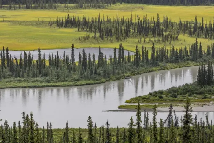 Framed Print : USA, Alaska, Nenana River Valley. Landscape of valley, river, and pond. Credit as Framed Print : USA, Alaska, Nenana River Valley. Landscape of valley, river, and pond. Credit as